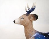 Hemming - Felt White Tailed Deer. Art Puppet, Marionette, Stuffed Animal, Felted Toy. beige, cream, brown, blue, indigo. MADE TO ORDER