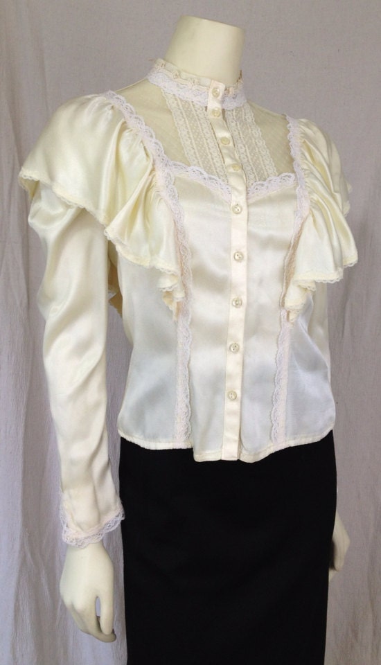 1970s Jessica's Gunnies blouse top shirt cream satin off white vintage Edwardian Gunne Sax