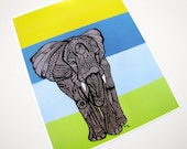 Elephant Zentangle Art Print - Blue - Yellow - Archival - African  - 8 x 10 - Acrylic