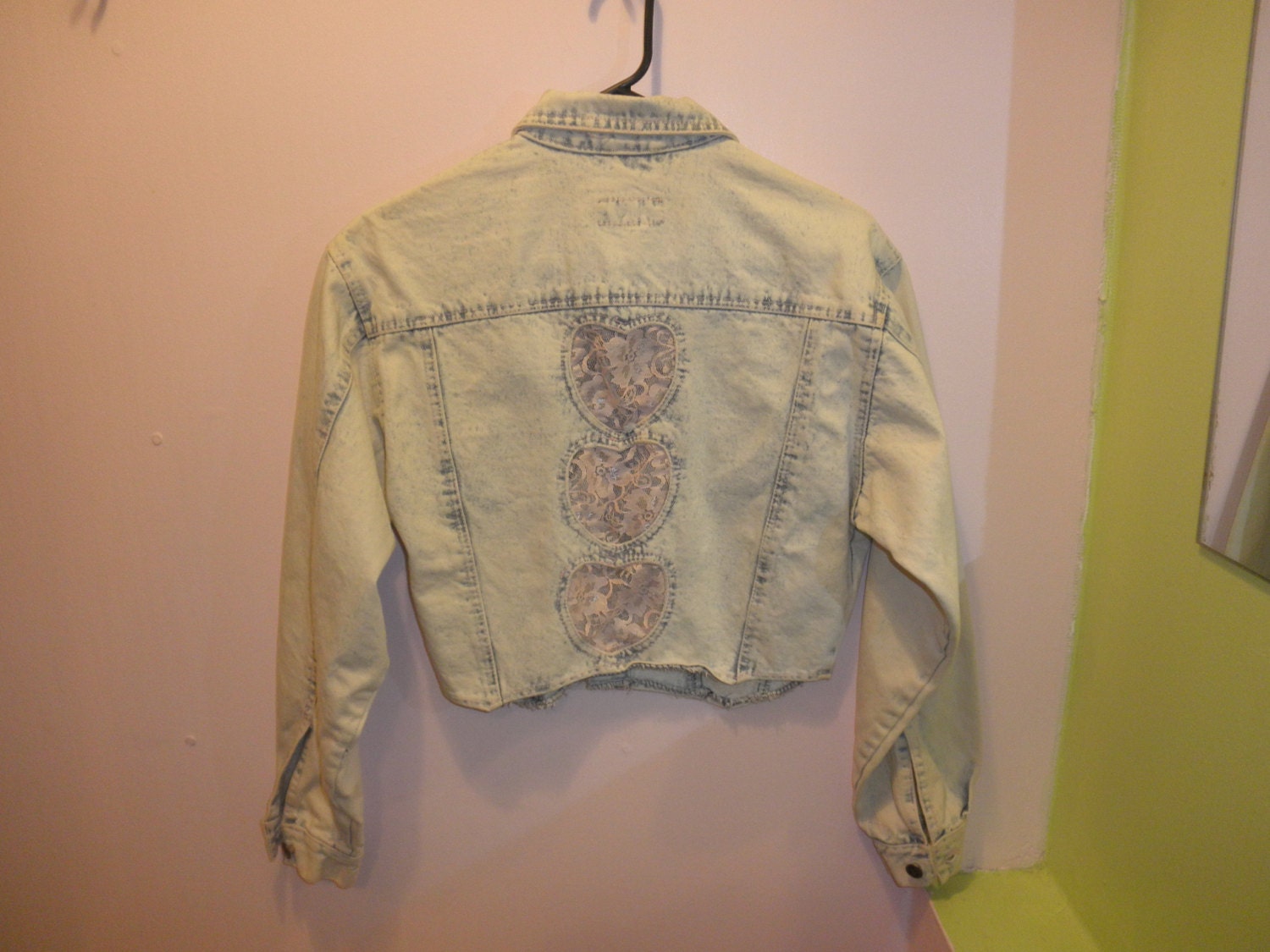 80s Acid Washed Crop Denim Jacket with Pink Lace Heart Cut Outs