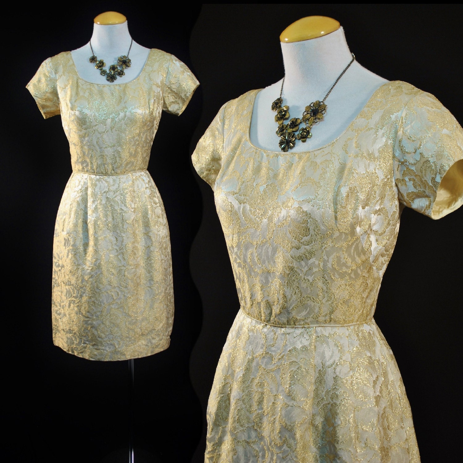 Vintage 1950s BROCADE Metallic Floral GOLD Wiggle Cocktail Party DRESS Mad Men 50s Rockabilly S Small