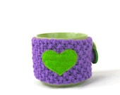 Heart mug hug mug cozie lime and purple coffee cup cosie with bright colorful love heart
