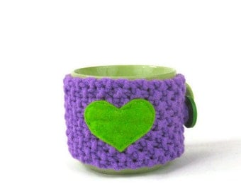 Heart mug hug mug cozie lime and purple coffee cup cosie with bright colorful love heart