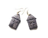 Polymer clay earrings little houses dark purple plum distressed house shaped dangle earrings