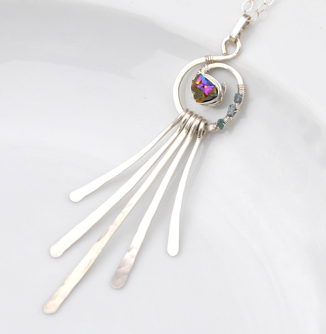 Sterling Silver Peacock Necklace - Genuine Blue Diamond and Peacock Druzy, Metalwork, Bold Spring Fashion, Unique, Gift For Her 2013