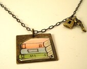 Stack of Books hand painted pendant with lock and key charms on brass tag and brass chain