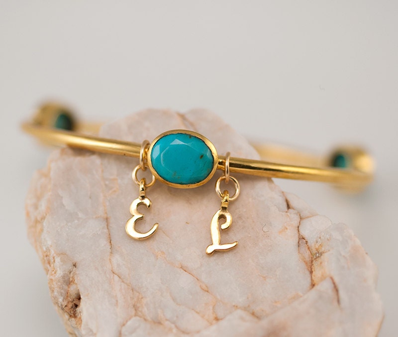 Personalized Charm Bangle - Turquoise Bracelet - Gemstone Bangles - Bezel Set Bangles - Initial Charm Bracelets Mother's Day Gift
