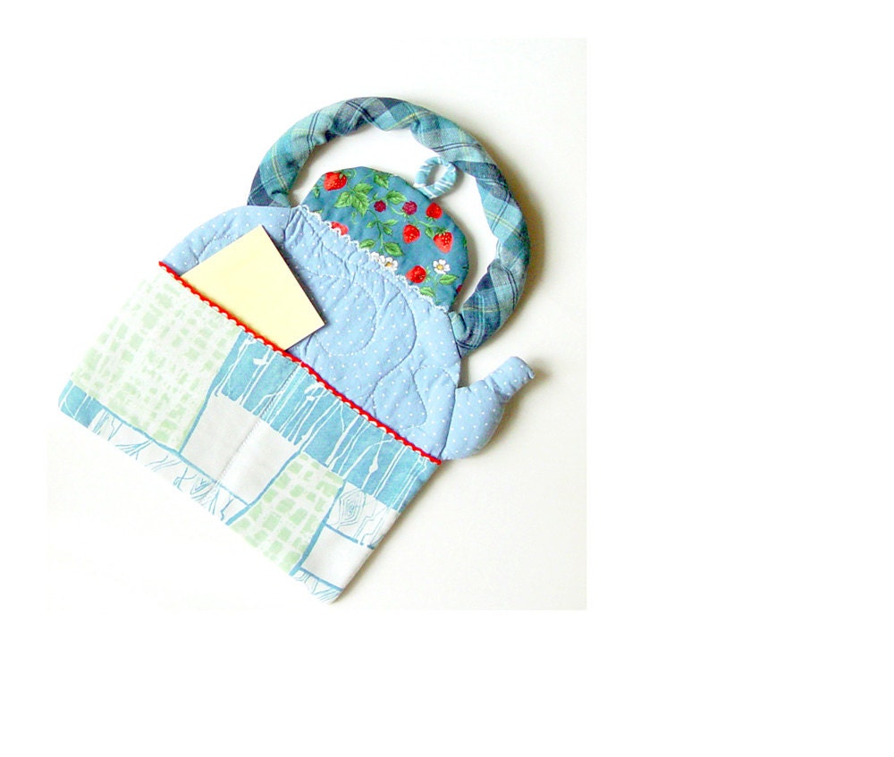 Wall Pocket Decor Organizer, Textile Pocket, Kitchen Pocket, Fabric Organizer, Wall Hanging, Bills Holder, Kitchen Holder, blue teapot