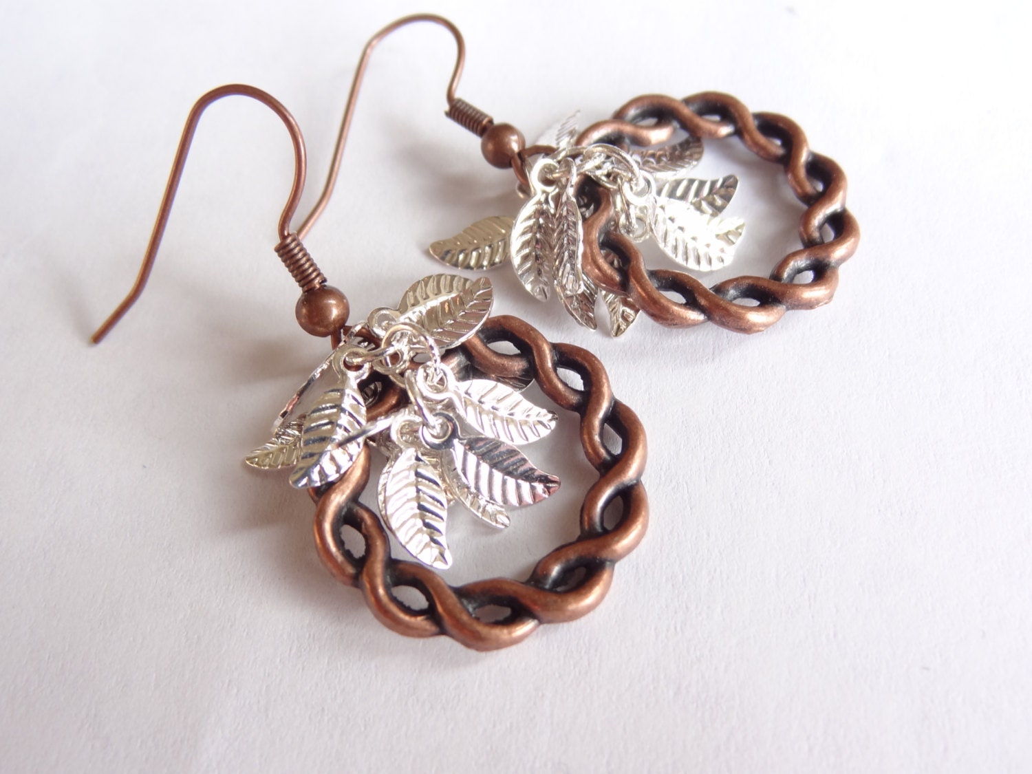 copper dangle earrings leaf chain twisted circle