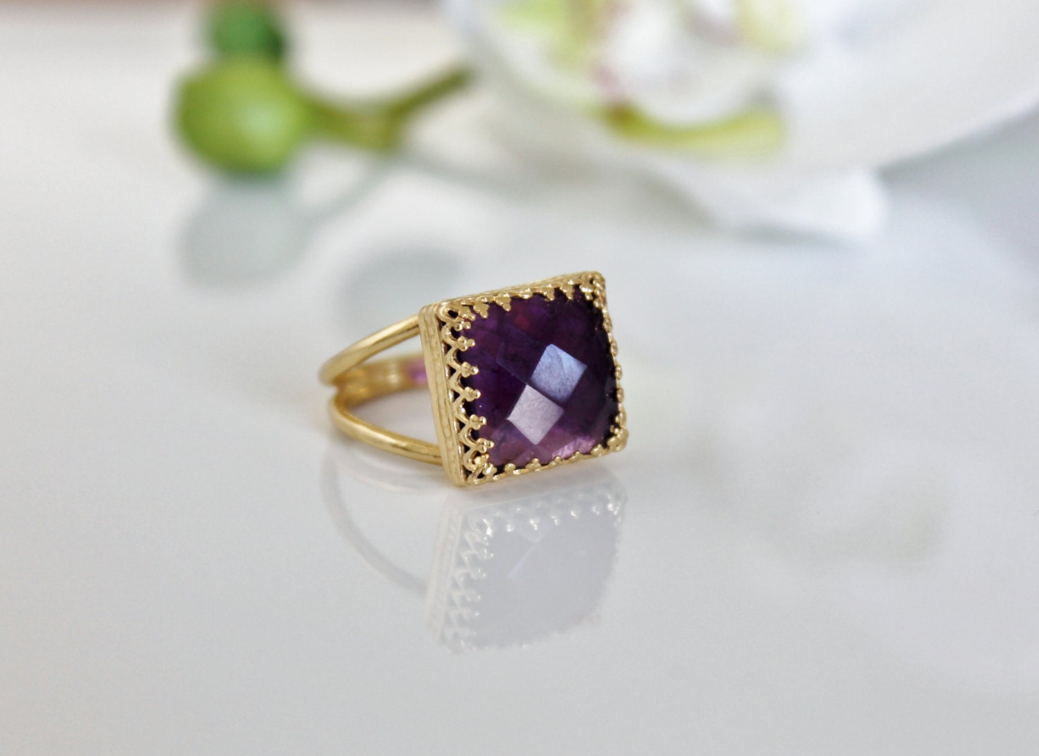 square amethyst ring, gold ring, square ring, gemstone ring, purple ring, bridesmaid rings, romantic rings, love rings