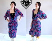 vtg 80s black, fushia, teal PLUNGING floral print MIDI DRESS pockets Large/xl batwing revival avant garde