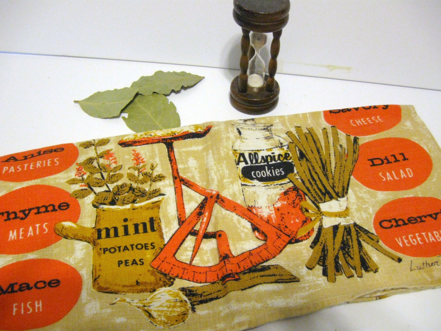 mid century Luther Travis herb tree tea towel mustard orange vintage kitchen towel