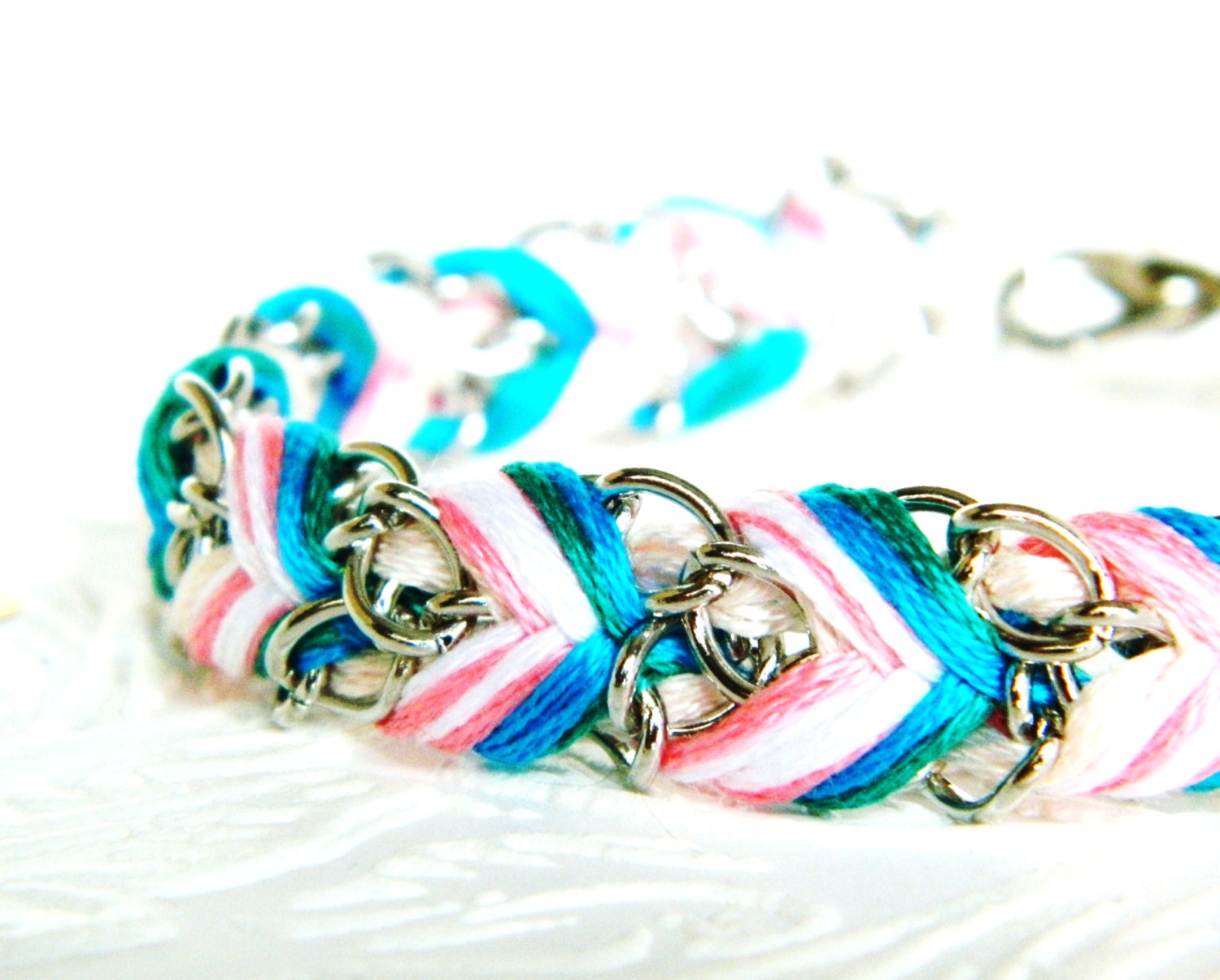 Strawberry Sprinkles - Palest Pink, Strawberry Milk Swirl, & Teal Swirl - Chevron Braided Modern Friendship Bracelet - Silver Chain