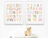 Alphabet & Numbers Simple Modern Graphic Nursery Art Prints - Custom Colors - Set of two 8 x 10