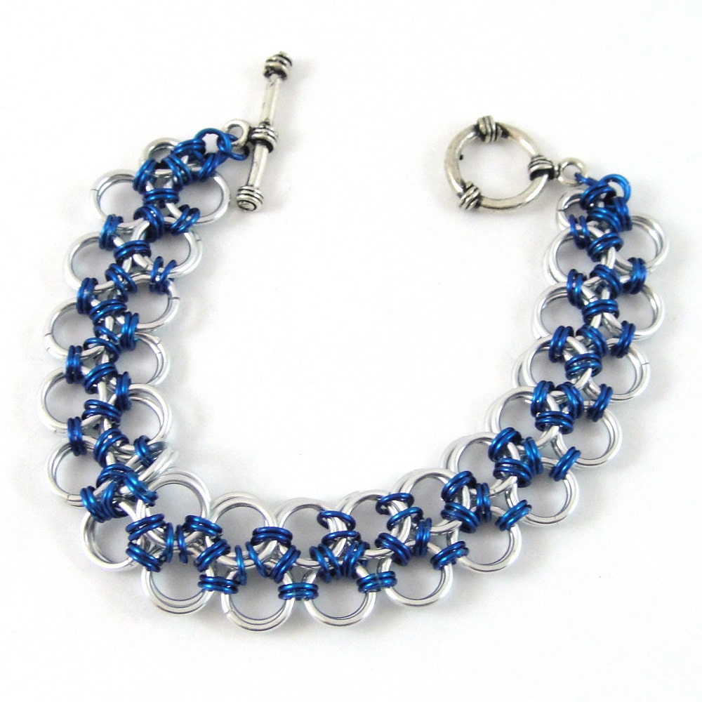 Chainmail Bracelet Japanese Lace Weave Blue and Bright Aluminum