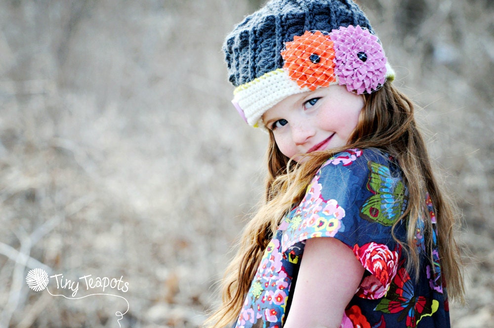 Girls Hat,  Spring Dahlia Crochet Hat, Button Tab, Toddler, Baby