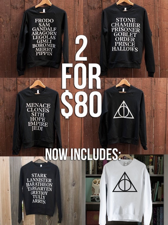 ANY TWO SWEATERS - Mix & Match - Choose from Harry Potter, Deathly Hallows, Star Wars, Lord of the Rings/Fellowship, Game of Thrones Houses