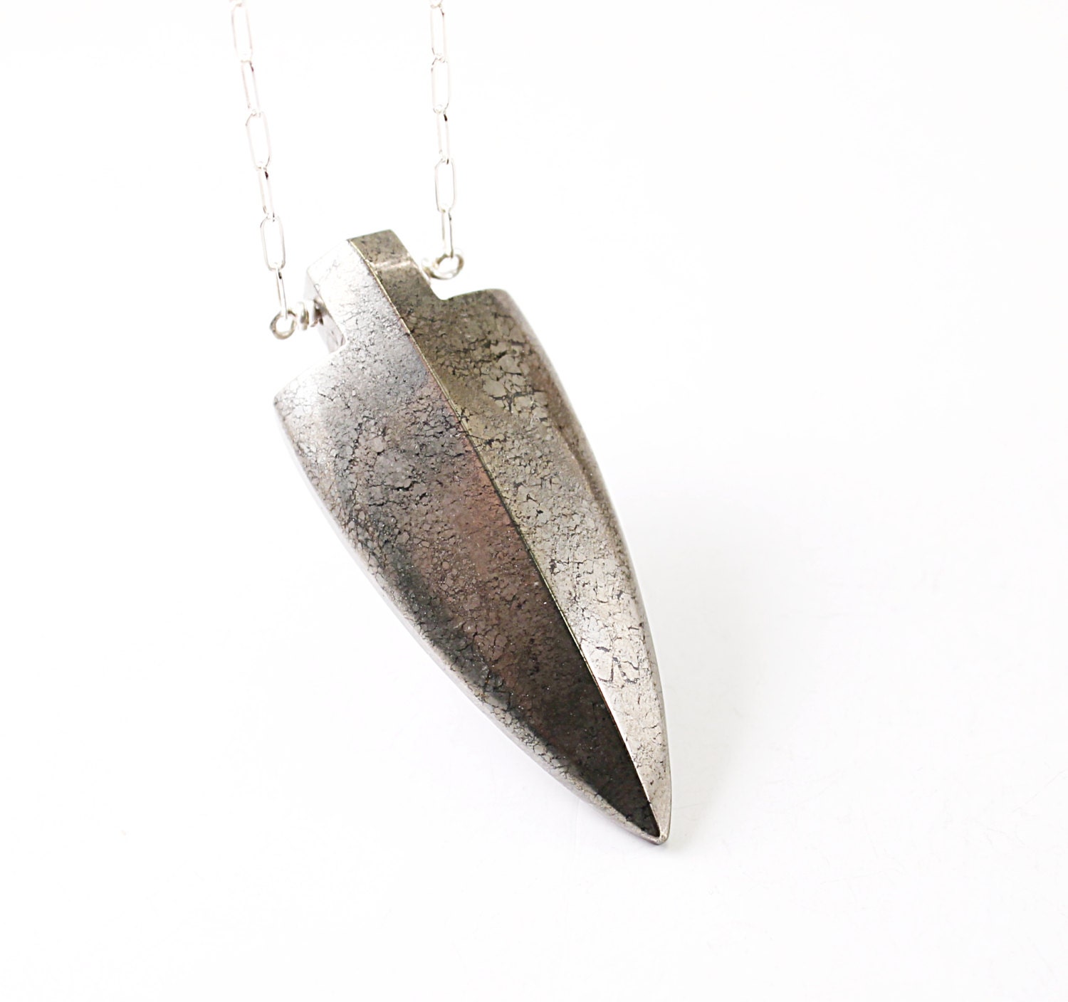 Mens necklace: silver jewelry arrow blade, metallic necklace for men, pyrite steel industrial primitive male necklace gray
