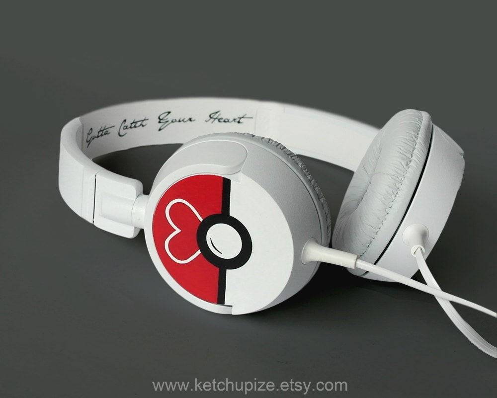 Love Ball Poke-phones cute Headphones earphones heart White Red hand painted girly