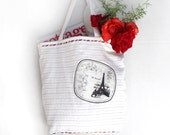 Tote Bag, Air Mail Lined Paper Print, Applique, Eiffel Tower, Women, Large Market Tote, Beach Bag