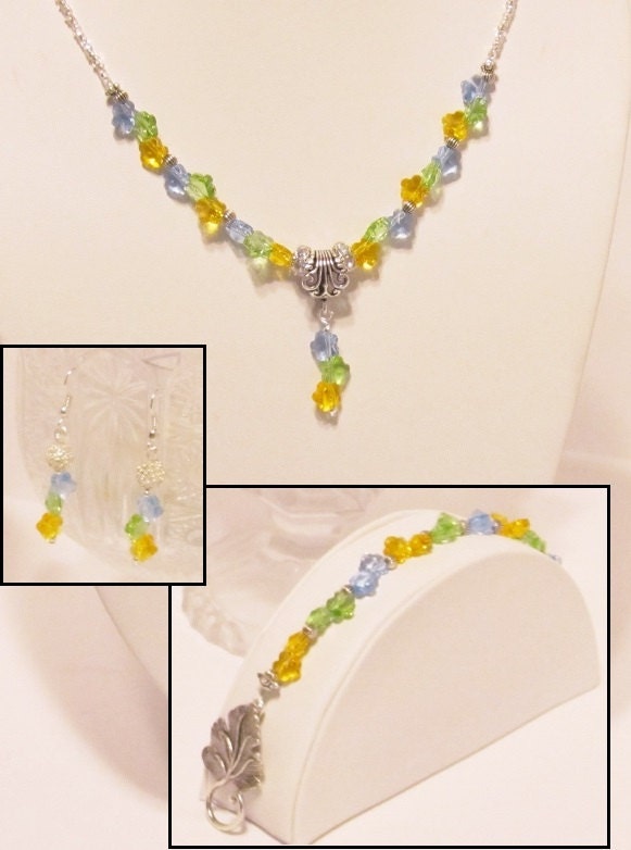 Multicolor Swarovski Crystal Flowers Necklace, Bracelet and Earrings Set - Blue Green and Yellow Flower Crystals - Wedding Jewelry Set