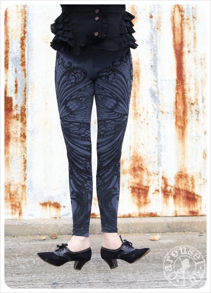 Filigree Art Nouveau Leggings by Carousel Ink - Steel Blue Tights - Printed Womens Legging - MEDIUM