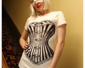 Corset Tshirt - Womens SMALL tee - Ivory - Off White - Victorian