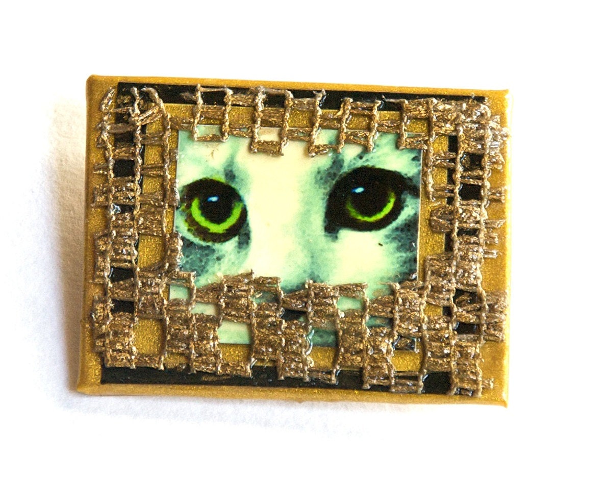 Cat Brooch. Cat eyes brooch. Green and black.  Cat Art. Original Digital Art. Wood brooch.