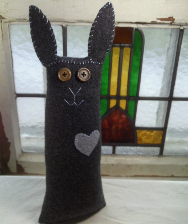 Stuffed Rabbit - Plush Gray Bunny - Upcycled Wool Sweater Bunny with Heart