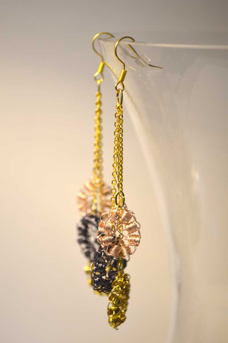 Gold Mixed Metals Dangle Crochet Wire Earrings
