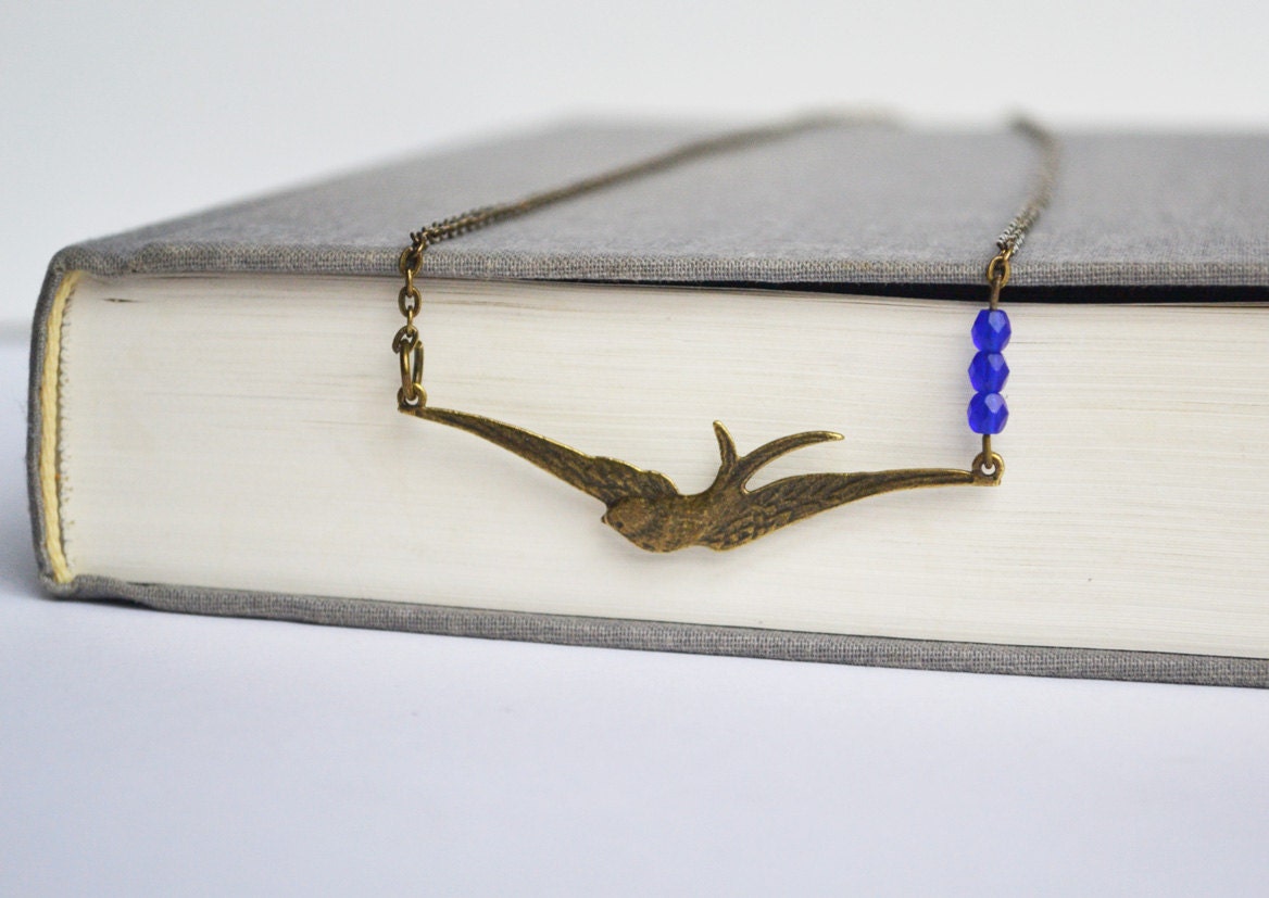 Flying Swallow Bird Necklace, Cobalt Blue Czech Beads, Free Flying Swallow Sparrow Bird Necklace, Bird Jewelry Canadian Shop