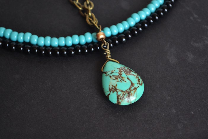 Turquoise Multi Strand Bead Necklace, Turquoise Summer Beach Necklace, Tribal Blue Stone Necklace, Blue and Black Seed Beads