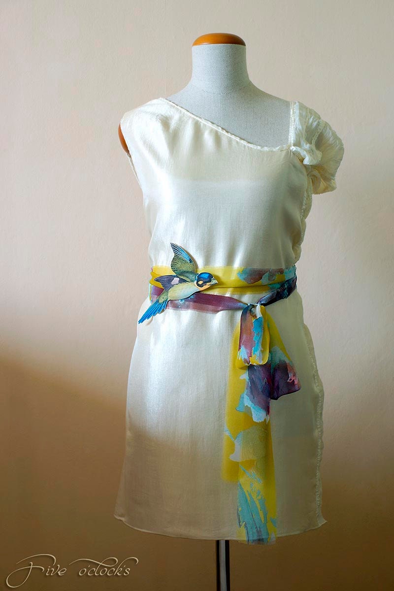 Wedding sash belt for bridal dress with blue green bird. Whimsical sash for spring summer coctail or garden wedding dress.
