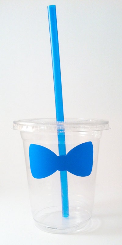 24 Blue Bow Tie Disposable Party Cups, Lids & Plastic Straws - Gender Reveal Party - Little Man Party - 12 oz or 16 oz Il_170x135