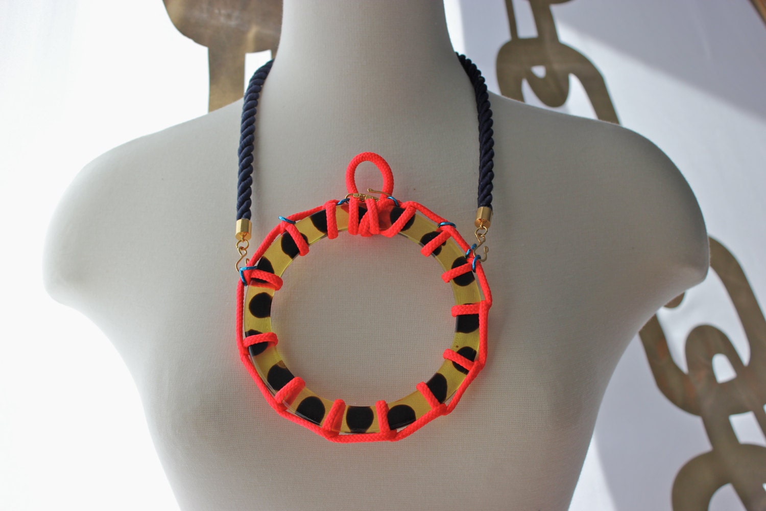 SALE Nautical Statement Necklace with Navy Blue Twisted Silk Rope, Neon Red Accents and gold-plated findings