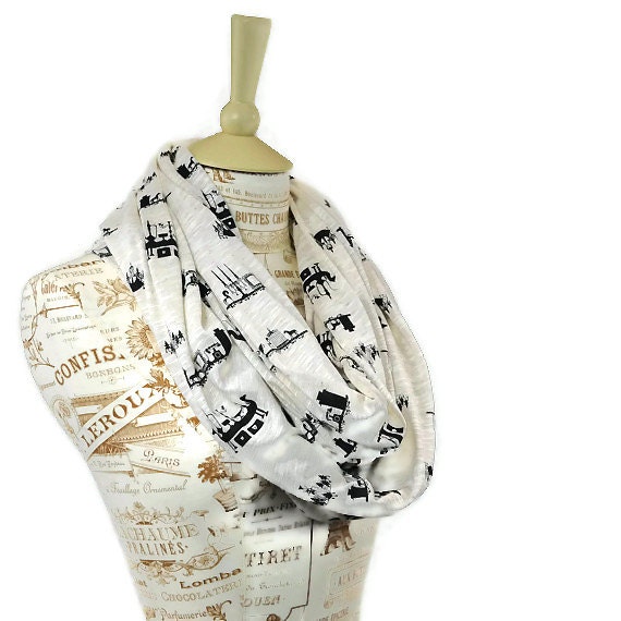 Ivory Infinity Scarf Vintage Sihouette Black Oatmeal