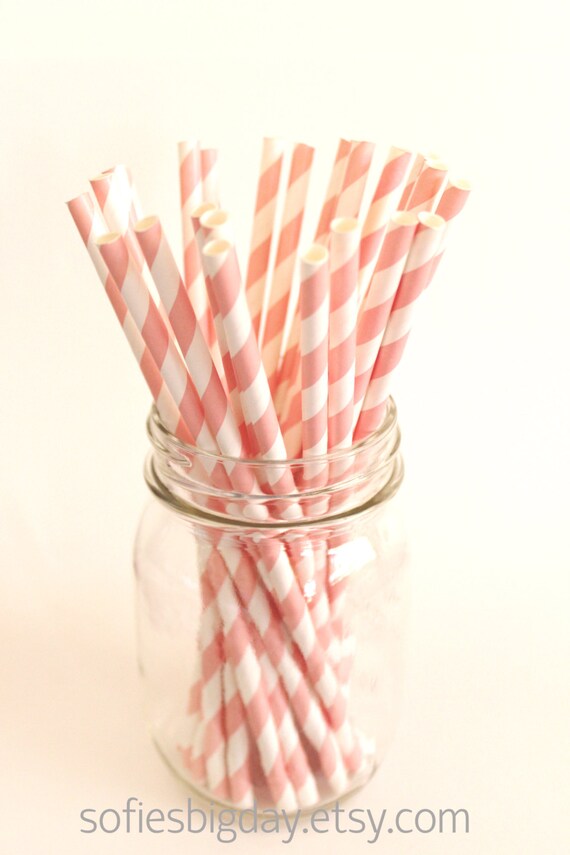 SOFT PINK Stripe Straws- pink paper straws- pink cake pop sticks- paper straws- printable flags-25 count Il_570xn