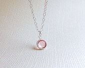 Light Pink Crystal Charm Necklace, Sterling Silver, Tiny Rose Solitaire - Delicate Minimal Pretty Framed Stoned Jewelry Swarovski