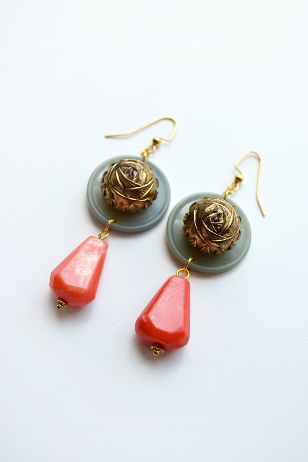 Vintage Redux Remixed Brass Rose and Coral Sage Button Drop Earrings