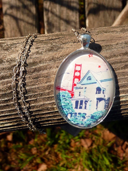 The Great Red Bridge, Oval Pendant Necklace