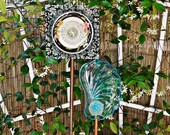 SALE- SQUARE FLORAL Glass Garden Yard Art, Glass Plate Flower, Garden Flower, Garden Decor, Suncatcher,Garden Gift,  Recycled,  Black white