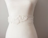 Bridal Couture - Beaded Organza Flower Ivory / Off White Tulle & Posh Double Sided Ribbon Sash Belt - Wedding Dress Sashes Belts