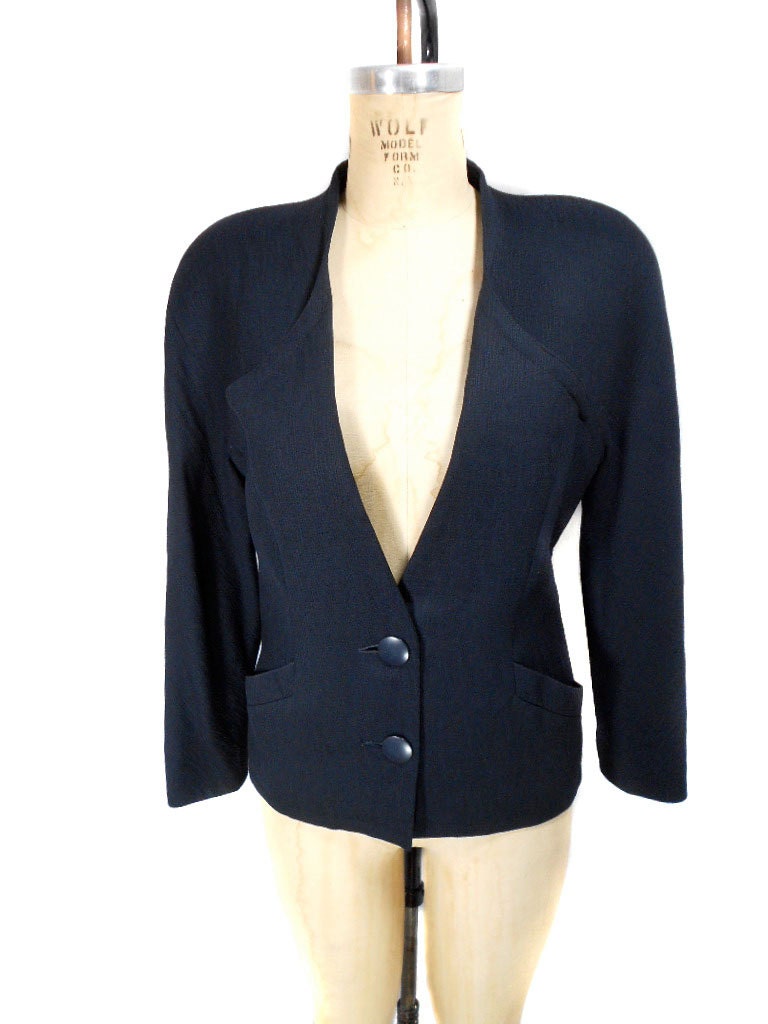 1970s Lanvin Navy Blue Fitted Blazer - Office Fashion - Structured Blazer - Size 40 - Size 8