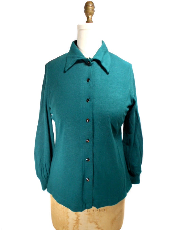 1960s Catalina Teal Blouse - Button Front Shirt - Mad Men - Stretch Knit - Size Large