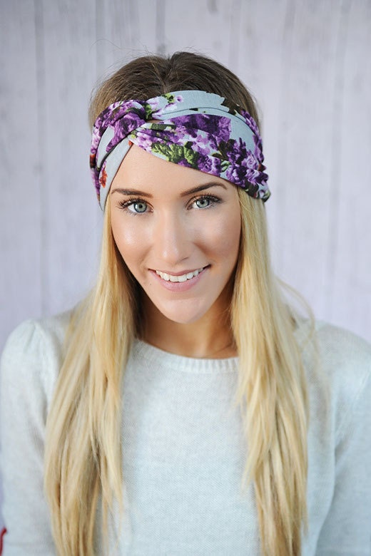 Floral Turband HeadBand Knit Hair Band Stretchy Women's Hair Wrap Knit Fashion Accessory PURPLE and GREY
