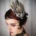 Bird Tail hair fascinator/brooch white French netting, silver scroll and hand-painted black Venetian lace. Steampunk. Costume.