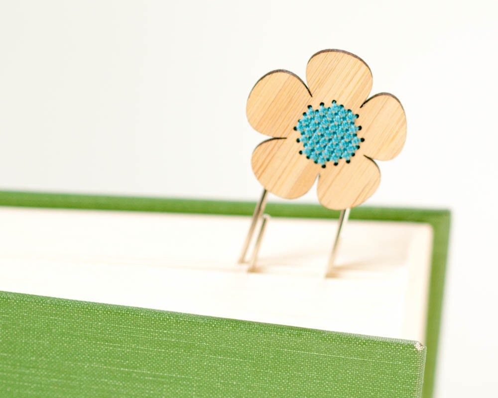 Cross Stitch Bookmark Kit - Bamboo Flower with Stitched Blue Center