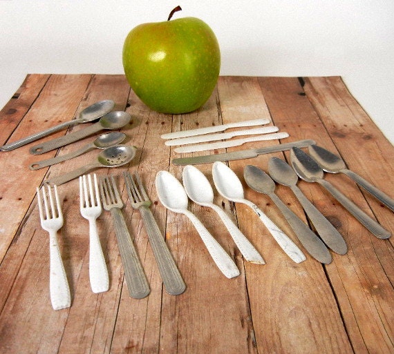 Vintage toy eating utensils small childrens playset plastic and metal spoons, knives, forks, measuring spoons 1940s kitchen