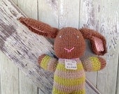 Knitted Bunny Rabbit Brown Beige Chartreuse Striped Stuffed Animal Hand Knit