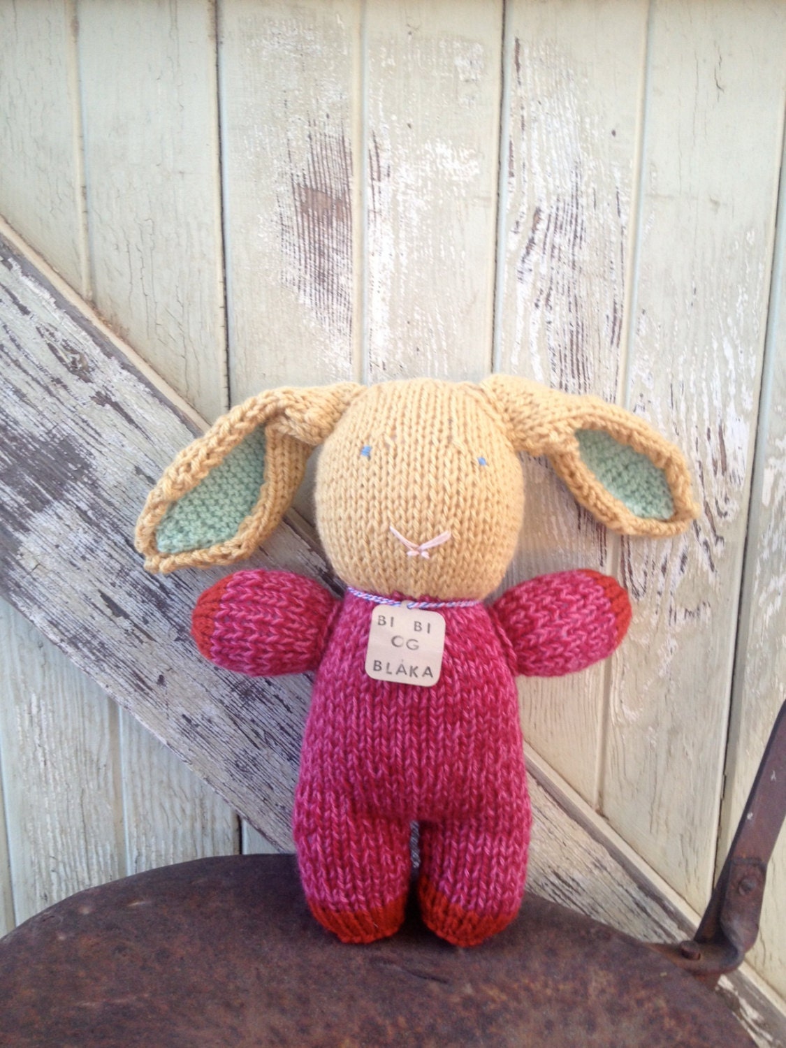 Yellow and Pink Hand-Knit Bunny Rabbit Stuffed Animal Knitted Icelandic Wool